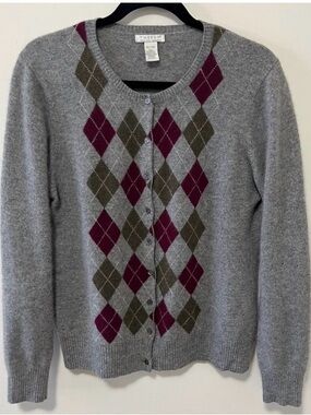 EUC Vintage Tweeds 100% 2-Ply Cashmere Knit Grey Argyle Cardigan